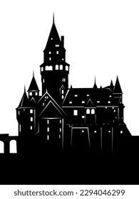 black and white vector illustration depicting an old castle for prints on postcards, banners, walls, and for decoration in vintage style
