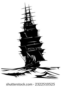 black and white vector illustration depicting an old sailing ship at sea for prints on banners and other illustrations in vintage style