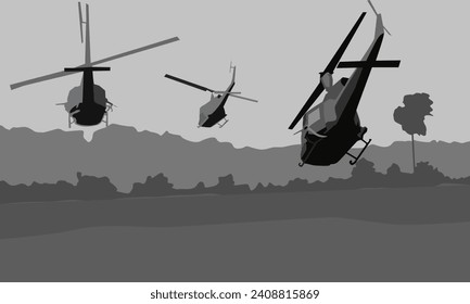 black and white vector illustration depicting combat helicopters flying over a field for the design of prints in military style