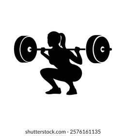 black and white vector illustration depicting a woman performing a barbell squat. The image showcases strength and fitness, with a focus on proper squat form. Ideal for use in fitness-related content,