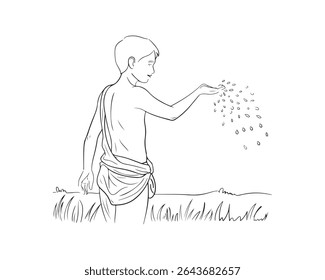Eine schwarz-weiße Vektorgrafik, die einen Jungen zeigt, der Samen sät. Der Stil ist minimalistische Linienkunst mit einer einfachen, fast skizzenhaften Qualität.
