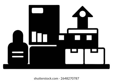 Black and white vector illustration depicting stacked boxes symbolizing inventory management An upward arrow suggests growth or increase in stock