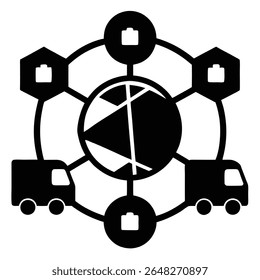 Ilustração vetorial em preto-e-branco representando uma rede logística global com caminhões e maletas conectadas a um globo central. Silhuetas simples e arrojadas.