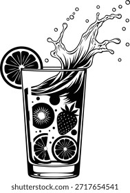 Black and white vector illustration depicting a refreshing fruit drink with a dynamic splash. A tall glass contains various fruit slices like citrus, kiwi, and strawberry, along with bubbles, suggesting a cool beverage.