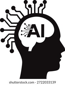 Una Ilustración vectorial en blanco y negro que representa el concepto de inteligencia artificial. La Imagen presenta una cabeza humana de perfil, con un cerebro estilizado en el interior. Las letras "IA" se muestran prominentemente dentro del cerebro, lo que significa inteligencia artificial. Las líneas y puntos de las placas de circuito se extienden desde el cerebro y alrededor de la parte superior de la cabeza, ilustrando la integración de la tecnología, los datos y las redes neuronales con el intelecto humano. Este gráfico representa el aprendizaje automático, la mente digital y la tecnología avanzada.