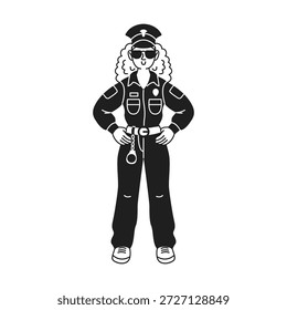 Black and white vector illustration depicting a confident female police officer in uniform with sunglasses. She stands with hands on hips, exuding authority.