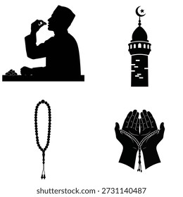 Ilustración vectorial en blanco y negro que representa prácticas islámicas: el hombre come dátiles, cuentas de rosario, manos que rezan, mezquita y torre.