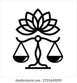 A black and white vector illustration depicting a stylized lotus flower positioned above a classic balance scale, symbolizing harmony, justice, and spiritual equilibrium.