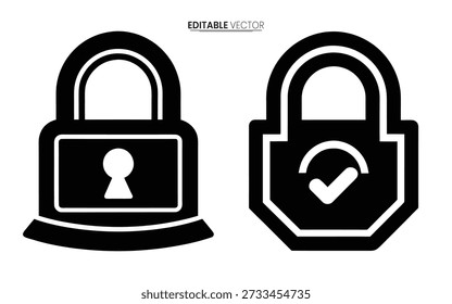 Ilustración vectorial en blanco y negro que representa dos íconos de candado, uno bloqueado y otro desbloqueado