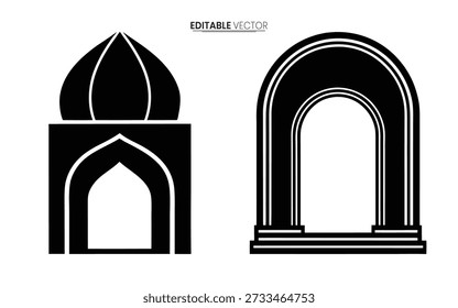 Ilustração vetorial em preto e branco retratando dois projetos arquitetônicos ornamentados de porta arqueada profissional de alta qualidade