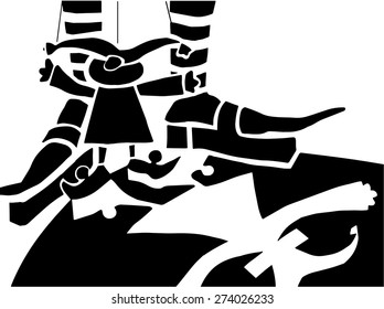 black and white vector illustration depicting doll on the ropes