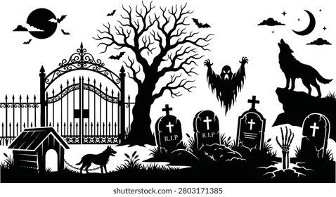 Black and white vector illustration depicting a haunted cemetery with a wrought iron gate, howling wolf, spectral ghost, and moonlit night.