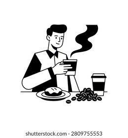 A black and white vector illustration depicting a man holding a steaming mug of coffee at a table with a donut and coffee beans