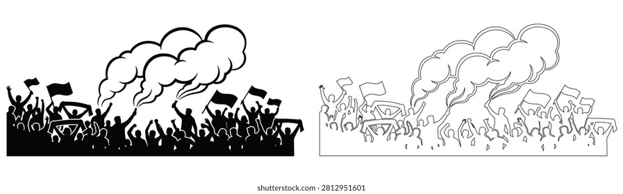 Black and white vector illustration depicting a large crowd of protesters with raised flags amidst a burning fire, symbolizing unrest and rebellion.