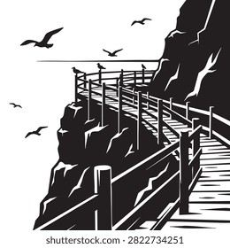 Black and white vector illustration depicting scenic wooden boardwalk built along steep rugged coastal cliff face overlooking calm ocean horizon with seagulls flying above. Detailed graphic design featuring rustic wooden railings rocky terrain and serene marine landscape suitable for travel posters.