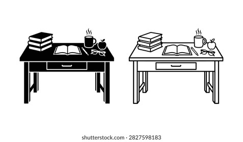 Black and white vector illustration depicting a desk with stacked books an open book a mug and an apple on
