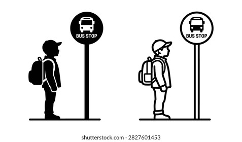 Black and white vector illustration depicting a child with a backpack standing near a bus stop sign featuring a bus