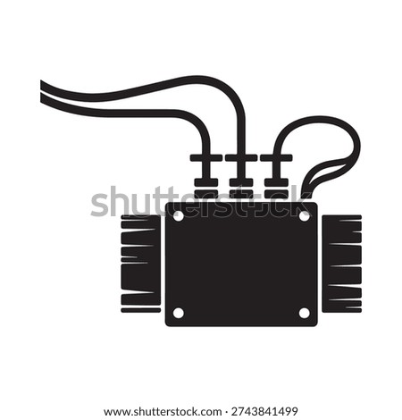 A black and white vector illustration depicting an automotive electronic control unit with wiring high quality professional