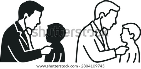 Black and white vector illustration depicting a physician conducting a medical checkup on a young child using a stethoscope, presented in two distinct styles.