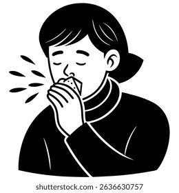 A black and white vector illustration depicts a woman sneezing into a tissue, ideal for conveying health and hygiene messages.