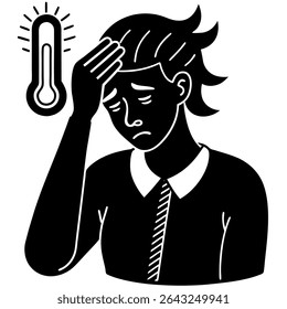 A black and white vector illustration depicts a person suffering from fever, clutching their forehead, indicative of a high temperature. The sick individual, possibly an office worker.