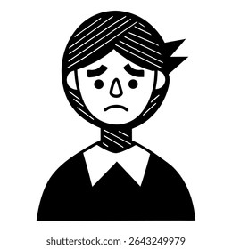 A black and white vector illustration depicts a sad cartoon character overwhelmed by sadness and disappointment. The character's face reflects negative emotions like grief and melancholy