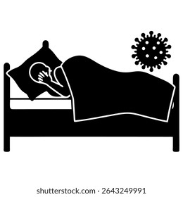 Uma ilustração vetorial em preto e branco representa uma pessoa descansando na cama, visualmente conectada a um símbolo de vírus proeminente.