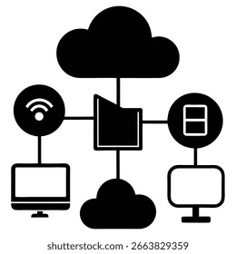A black and white vector illustration depicts a cloud computing network with interconnected devices. Icons representing wifi and a folder are visible, alongside two computer monitors 