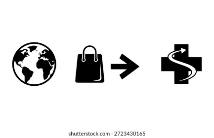 Uma ilustração vetorial em preto e branco retrata um fluxo conceitual do comércio global para o sistema de saúde, apresentando um globo mundial, uma sacola de compras, uma seta e uma cruz médica com um símbolo de seta ascendente sobre um fundo branco limpo. 