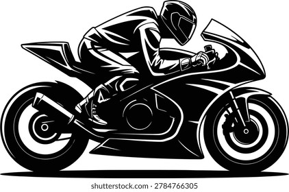 A black and white vector illustration depicts a motorcycle racer on a speeding bike. The graphic style emphasizes dynamic movement and the streamlined design of the vehicle.