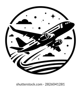 A black and white vector illustration depicts an airplane taking off into a night sky filled with stars and clouds, creating a vintage travel emblem.