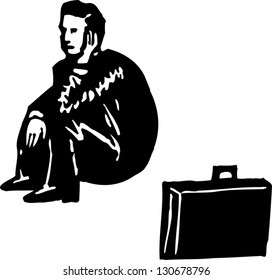 Black and white vector illustration of a depressed businessman