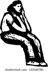 Black and white vector illustration of depressed woman waiting