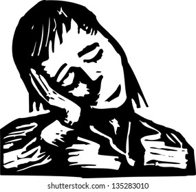 Black and white vector illustration of Depressed or Sleeping Woman