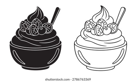 Black and white vector illustration of a dessert bowl with whipped cream, sliced strawberries, and a spoon; shown as filled silhouette and outline versions side by side