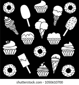 Black and white vector illustration of desserts on a black background