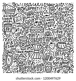Black and white vector illustration of desserts, lettering and coffee. Perfect poster for coffee shop. Doodle style drawing.