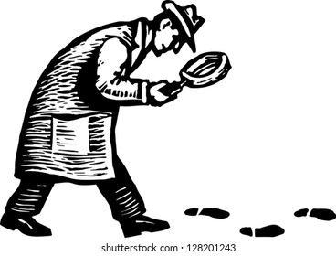 Black and white vector illustration of detective with magnifying glass following footprints and clues