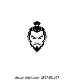 Black and white vector illustration of a determined samurai warrior's head featuring a traditional topknot hairstyle