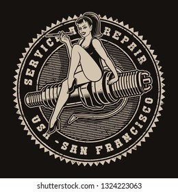 Black and white vector illustration of a devil girl on a spark plug on the dark background. Text is in a separate group.