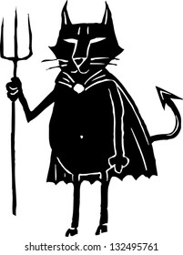 Black and white vector illustration of devil cat