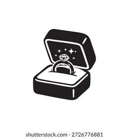 Black and white vector illustration of diamond engagement ring in gift box for romantic holidays and special occasions