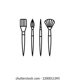 Black & white vector illustration of different paintbrushes. Line icon of round, flat, fan & rigger brushes. Artistic tools for painting and craft. Isolated objects on white background. 