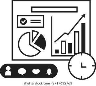 Ilustração vetorial em preto e branco de um painel digital com um gráfico de pizza, gráfico de barras de crescimento e linha de tendência. O design inclui um relógio para gerenciamento de tempo e uma barra de notificação de mídia social com ícones de usuário, comentário, coração e alerta.