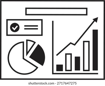 Ilustración vectorial en blanco y negro de una interfaz digital que contiene herramientas de visualización de datos, incluido un gráfico circular circular circular circular circular circular, un gráfico de barras de Vertical con una flecha de crecimiento ascendente y una casilla de lista de comprobación comprobada, que representa los informes comerciales y el seguimiento del rendimiento financiero.