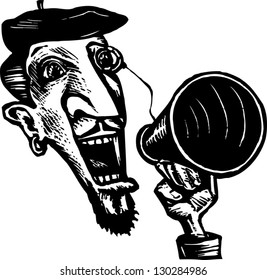 Black and white vector illustration of director with megaphone