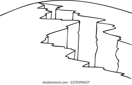 Black and white, vector illustration of disaster, earth crack. A split in the planet's layers, a rough crack, an earthquake, a shift in the plates. Hand drawn, doodle.