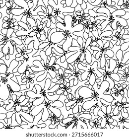Black and white vector illustration displaying intertwining abstract floral shapes forming intricate, seamless pattern suitable for textile design or decorative wallpaper backgrounds