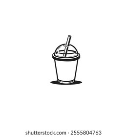 Black and white vector illustration of a disposable cup with lid and straw. Ideal for coffee, juice, or smoothie packaging and branding concepts.