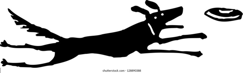 Black and white vector illustration of a dog running after a flying disc